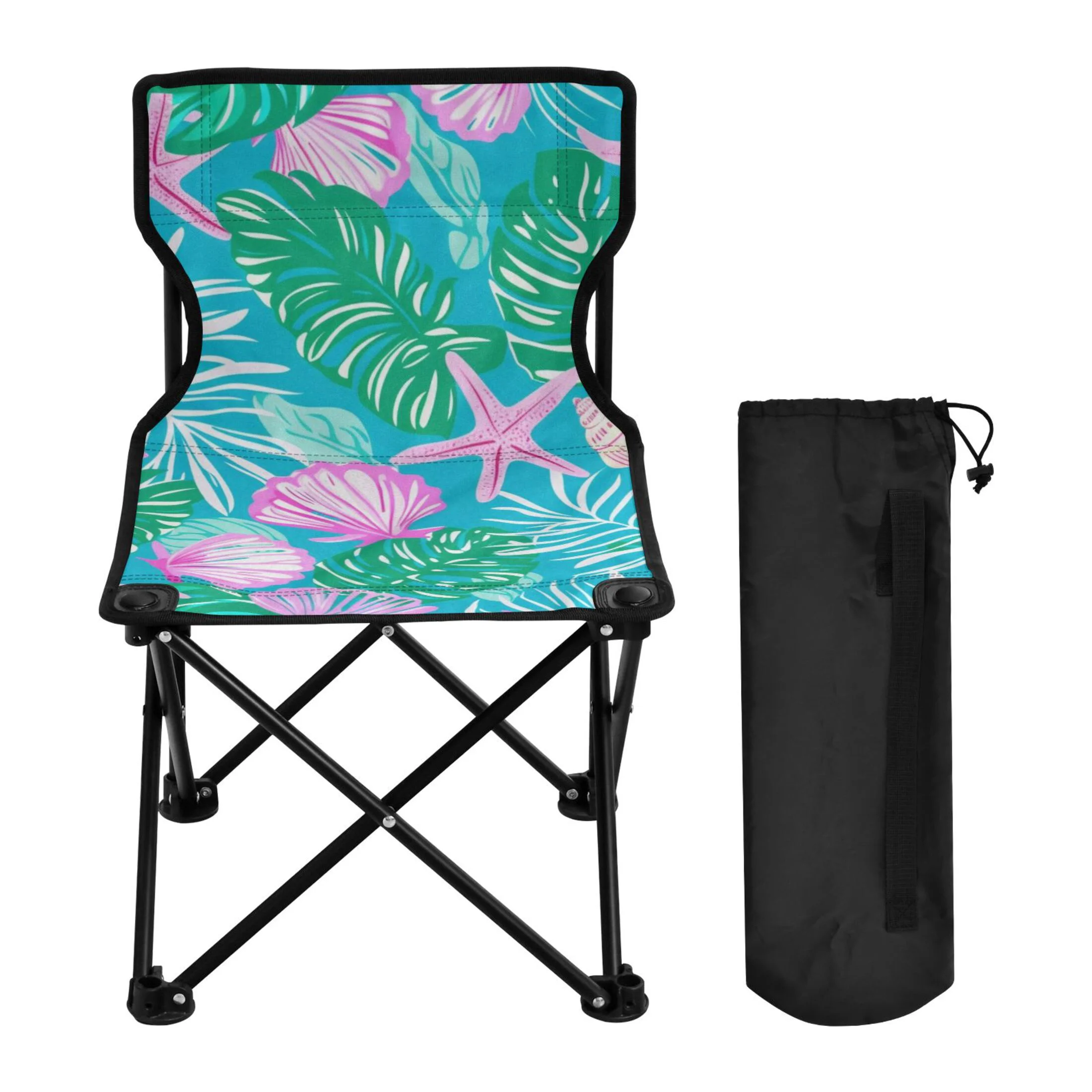 Palm Leaves and Shell Portable Camping Chair Small for Kids Outdoor Folding Beach Chair Fishing Chair Lawn Chair with Carry Bag