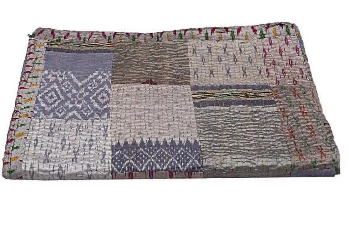 Vinsan International Indian Handmade Silk Patchwork Quilt Tribal Bed Cover Bedspread Blanket Picnic Throw Coverlet Reverisble Bed Throw Gray Color Twin Size 60