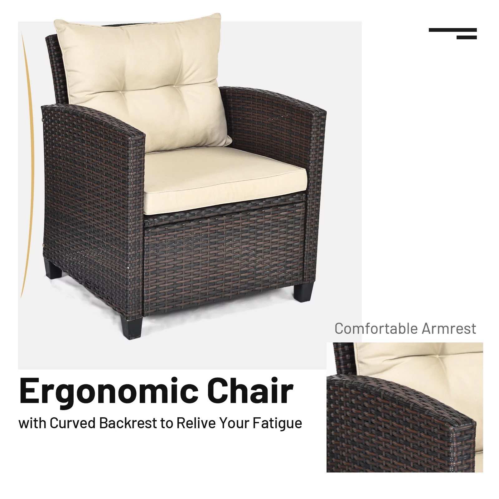 3 Pcs Patio Rattan Furniture Set Beige Cushioned Conversation Set Coffee Table