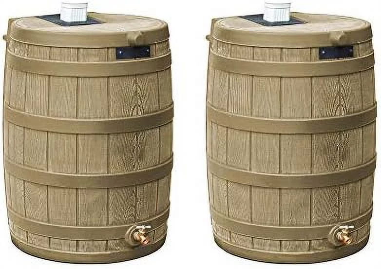 Rain Wizard 50 Gallon Plastic Rain Barrel Water Collector With Brass (2 Pack) Spigot,