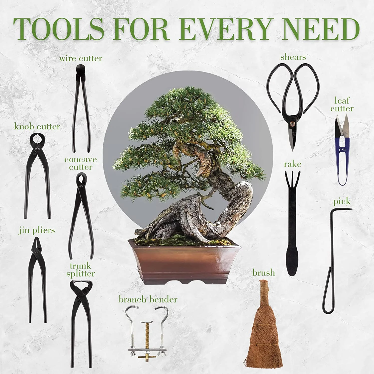 15 Piece Bonsai Master Tools Set with Case, Shears, Concave Cutter, Cutter, Wire Cutter, Bonsai Trimming, Branch Bending, Beginner Friendly - 1 Set