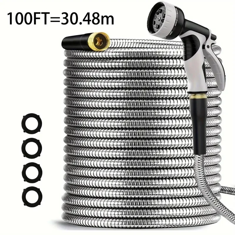 Metal garden Hose 100ft 304 Stainless steel Water Hose Lightweight Non Kinking Flexible with 10 Funtion Spray Nozzlesfor Yard Lawn,Garden, Crop, Rv