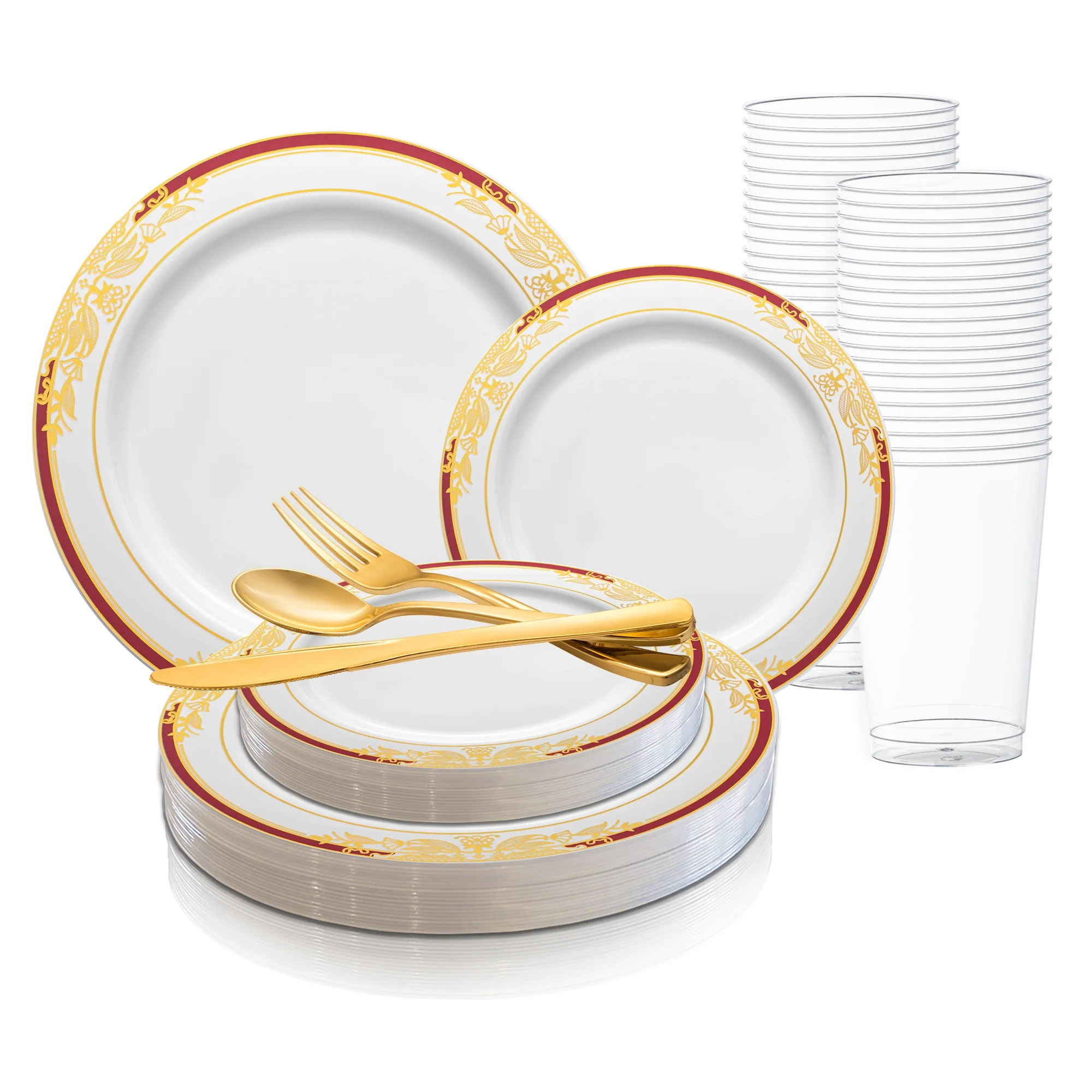 Smarty White w/ Burgundy Gold Harmony Plastic Wedding Value Set (60 Guests)