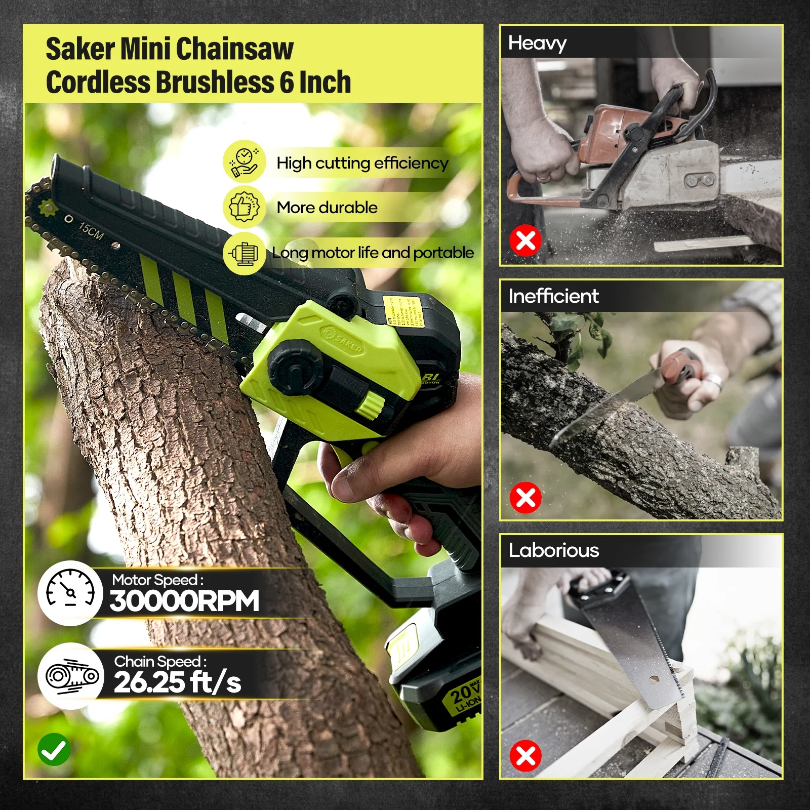 Saker 6 Inch Mini Chainsaw, 21V Upgrade Brushless Cordless Electric Chain Saw, One-Handed Rechargeable Electric Cordless Chainsaw for Tree Trimming Branch Wood Cutting(2 Batteries & 2Chains)