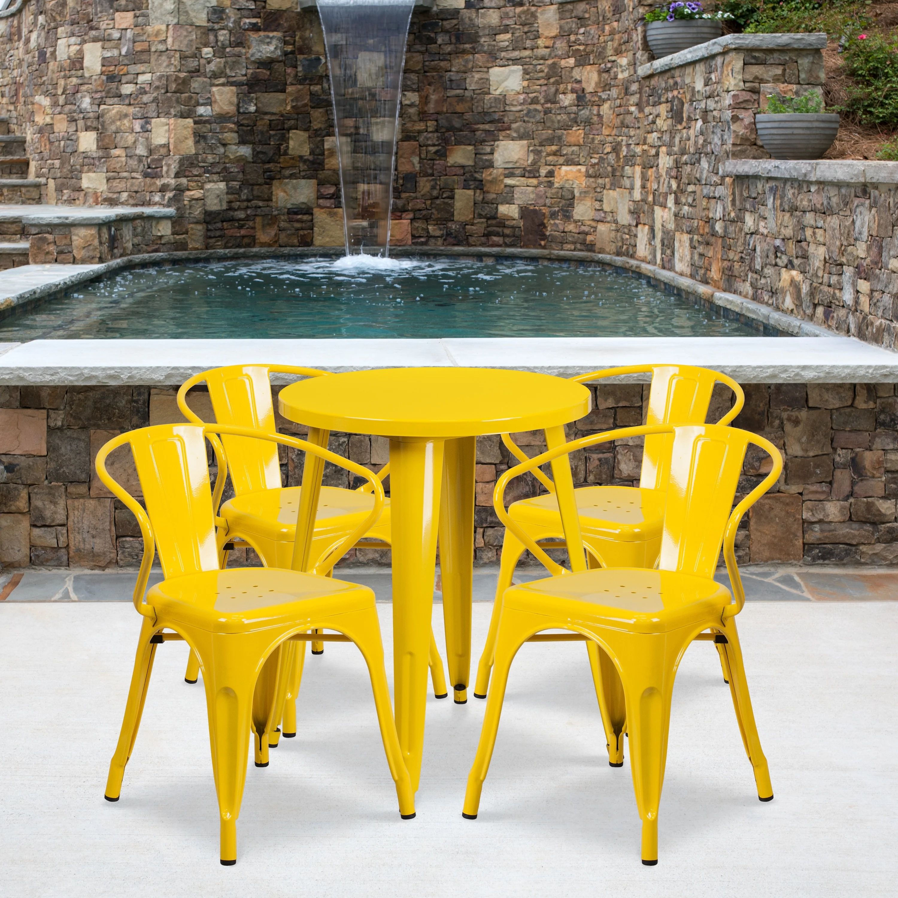 Flash Furniture 24'' Round Metal Indoor-Outdoor Table Set with 4 Arm Chairs Yellow