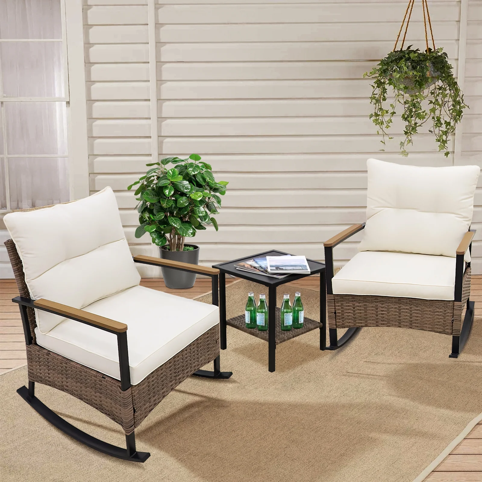 INTER HUT 3 Piece Wicker Patio Furniture Set, Outdoor Rattan Rocking Chair Set with Beige Soft Cushions and Table for Porch, Deck, Terrace