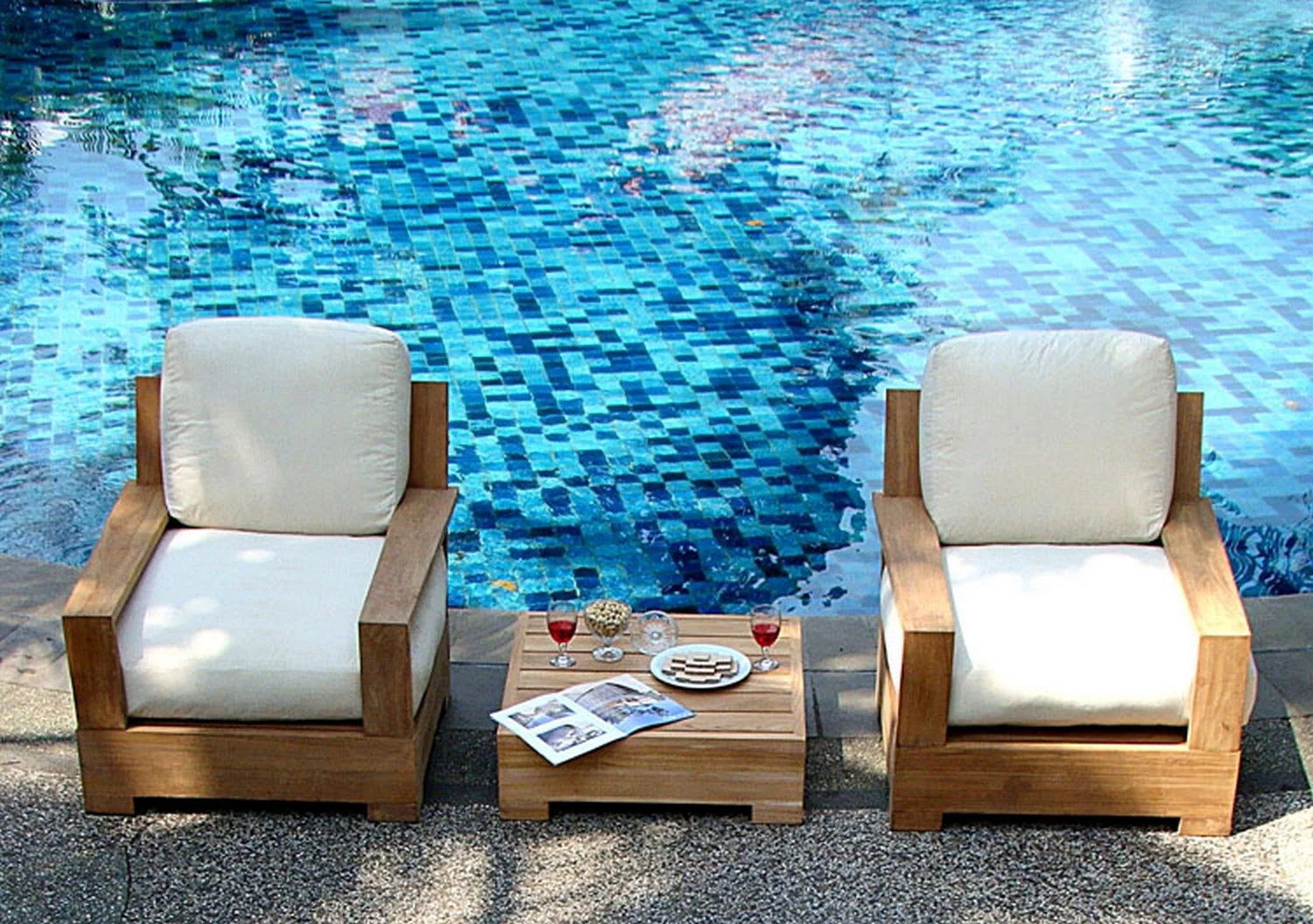 Leveb 3 Pc Lounge Chair Set: 2 Lounge Chairs & Ottoman With Cushions in Sunbrela Fabric #57003 Canvas White