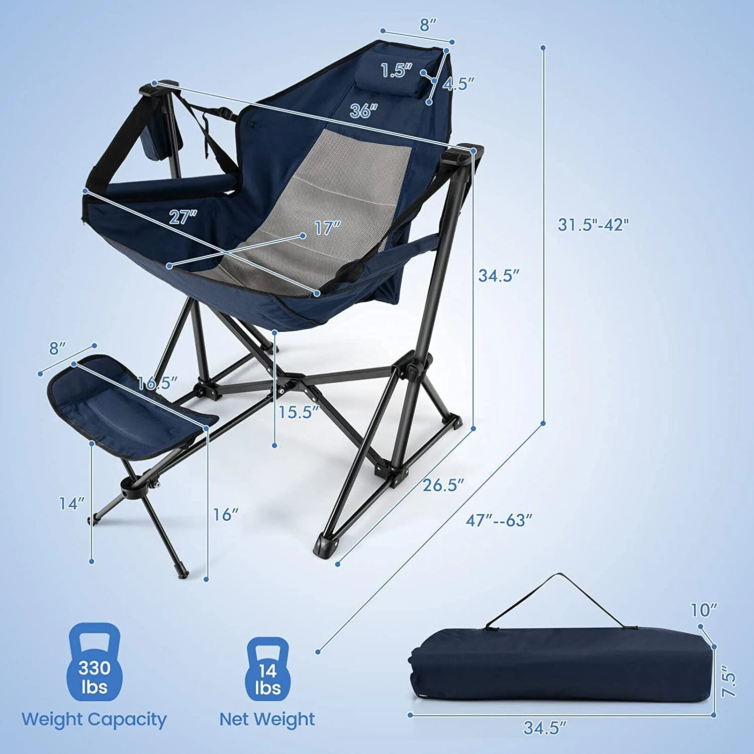 Swinging Hammock Chairs for Camping, Rocking Camp Chair w/Retractable Footrest, Folding Camping Chair for Adults, Great for Camping, Fishing, Picnic, Carrying Bag Included, Pack of 1, Navy