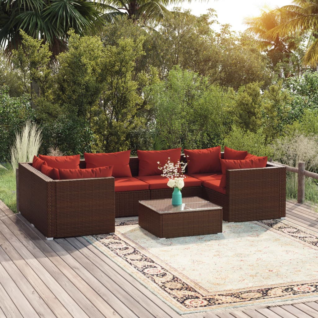 Irfora 7 Piece Patio Set with Cushions Poly Rattan Brown