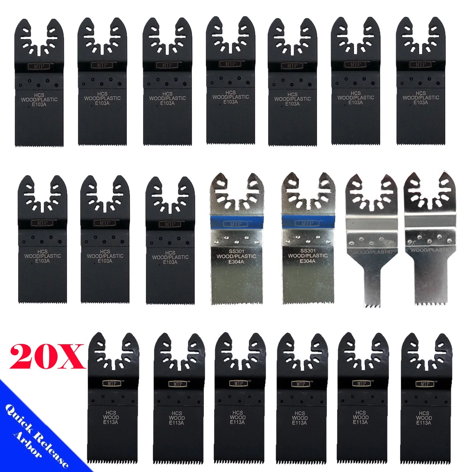 MTP ® Pack 20x Assorted Quick Release Universal Fit Multi Tool Oscillating Multitool Saw Blade for Craftsman Rockwell Hyperlock Porter Cable Black & Decker Dewalt Ridgid Ryobi Bosch Tool Free System