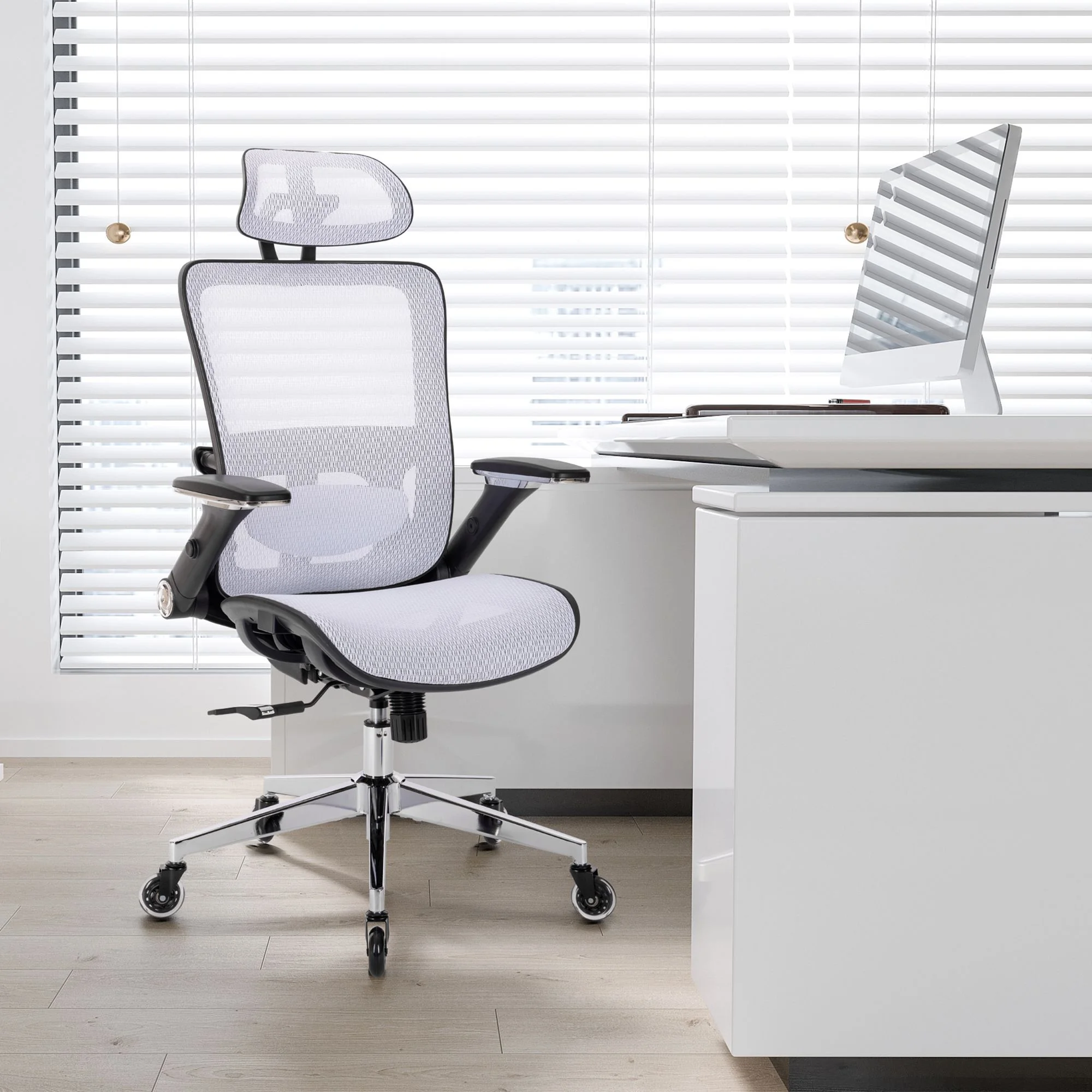DeeHome WHITE Ergonomic Mesh Office Chair, High Back - Adjustable Headrest with Flip-Up Arms, Tilt and lock Function, Lumbar Support and blade Wheels, KD chrome metal legs