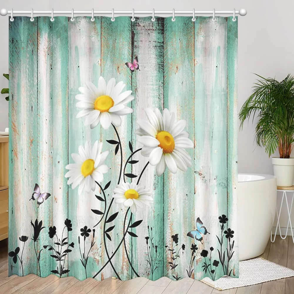 SPXUBZ Rustic Daisy Shower Curtain Blue Wooden Wall Floral Farmhouse Bathroom Spring Waterproof Fabric with 12 Hooks 72x72 inch