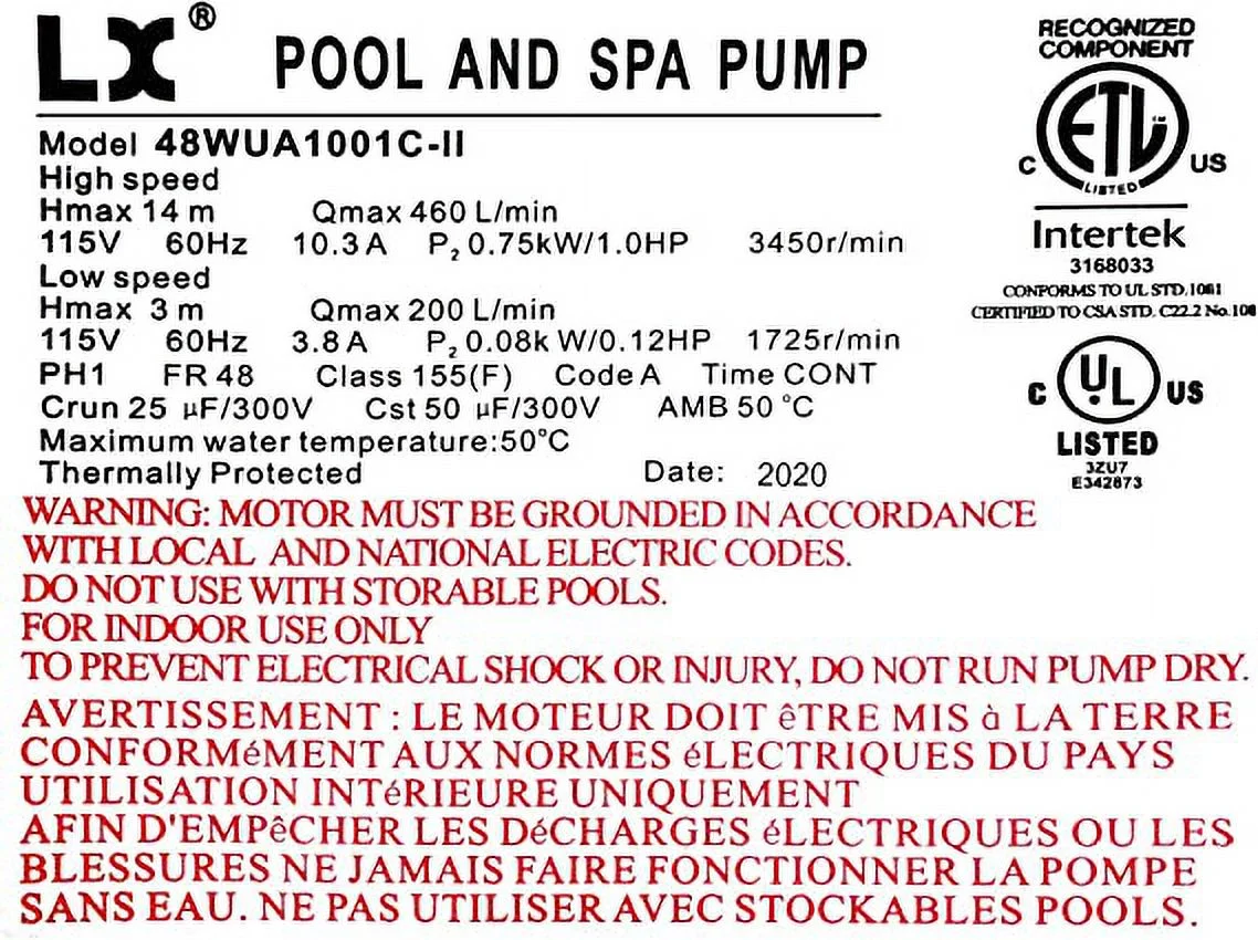Pump, LX, 1.0HP, 2 SPD, 115V, 10.3A / 3.8A, 48WUA1001C-II, 2”