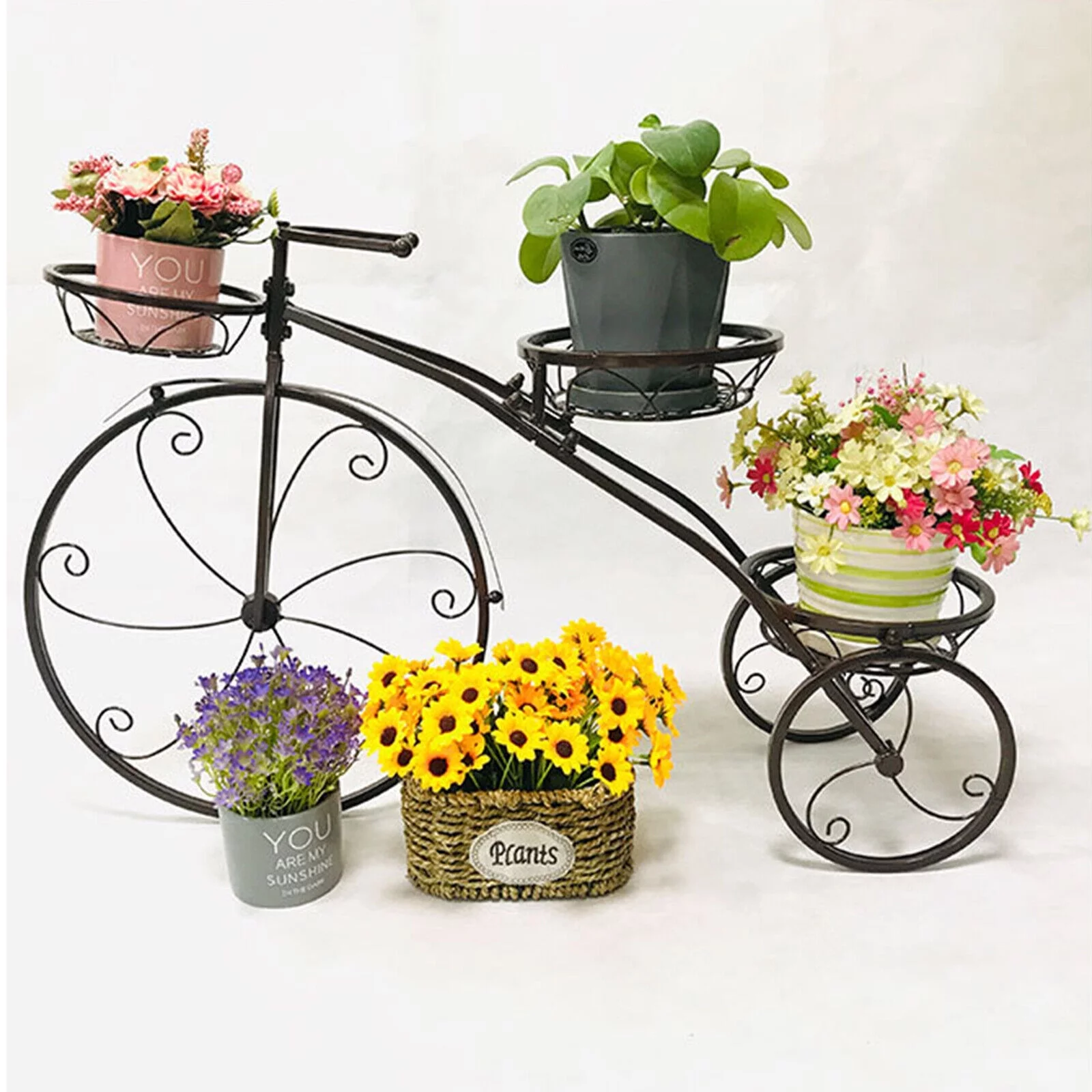 DENEST Metal Bicycle Tricycle Plant Stand Garden Planter Shelf Flower Holder Rack Decor