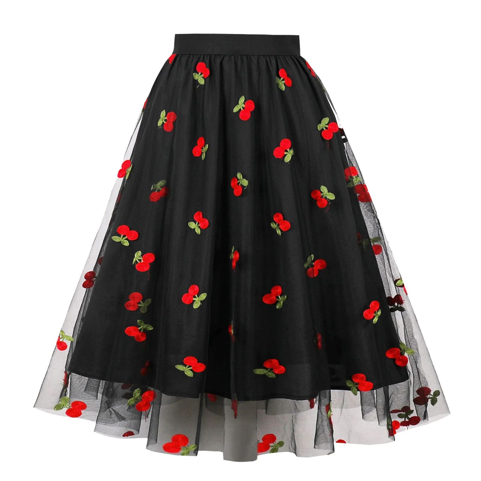 Winter Skater Skirt Large Size Skirt 120 200 Pounds Mesh Embroidered Cherry Large Hem High Waist A Line Skirt Skirt Sets Women 2 Piece Outfits For