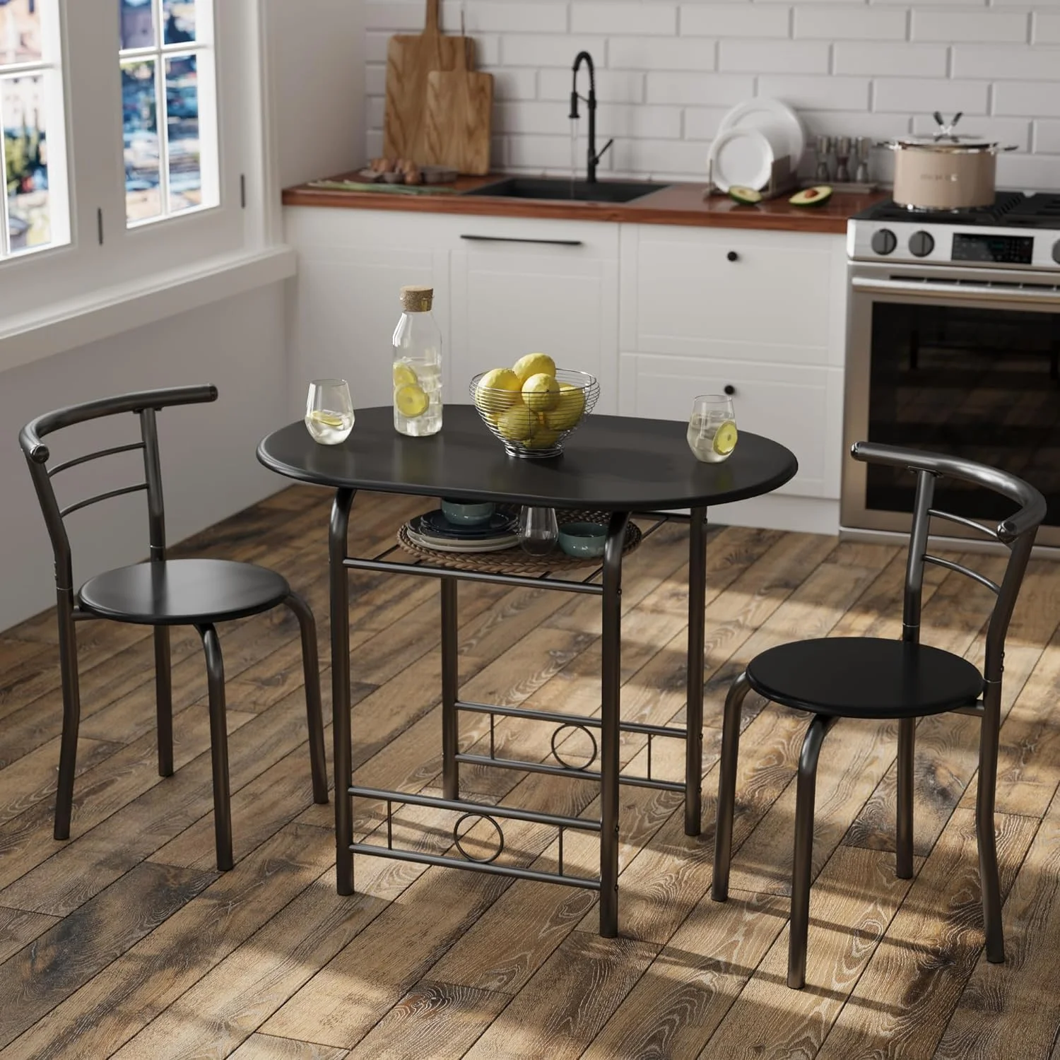 3-Piece Wooden Round Table & Chair Set, Space Saving Kitchen Breakfast Nook Wood Grain Tabletop with Metal Frame and Built-in Wine Rack for Kitchen, Dining Room (Black)