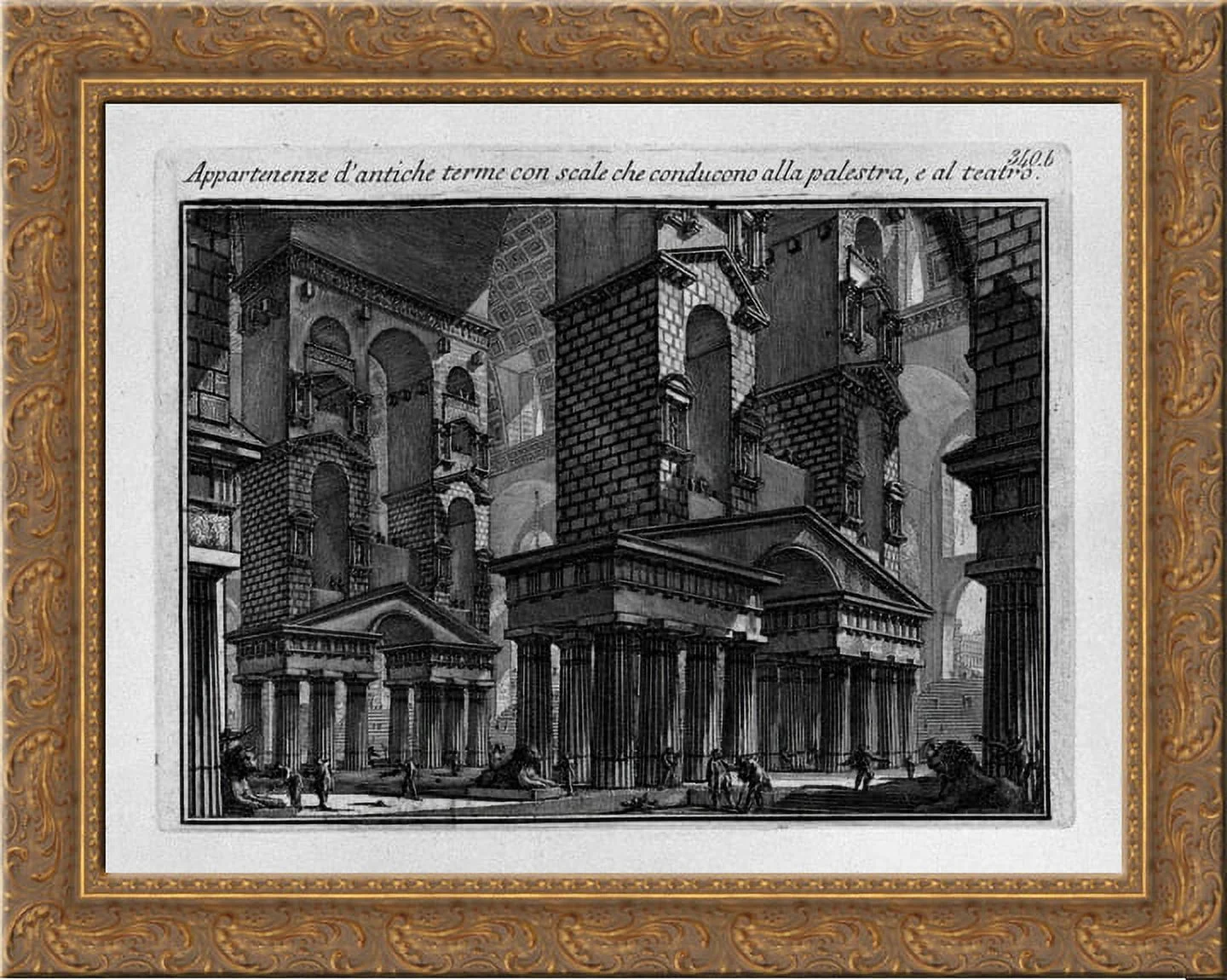 Memberships of ancient baths with stairs leading to the Gymnasium and the Theatre 24x20 Gold Ornate Wood Framed Canvas Art by Piranesi, Giovanni Battista