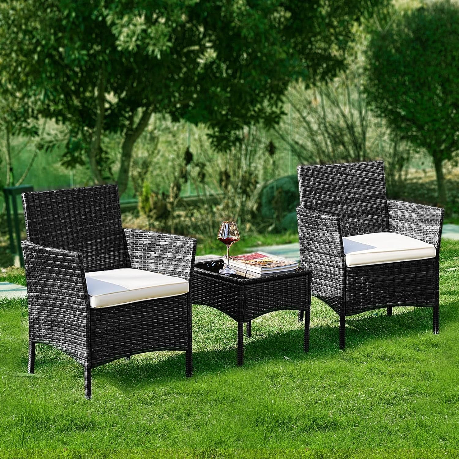 3 Pieces Patio Set Outdoor Wicker Furniture Sets Modern Rattan Chair Conversation Sets with Coffee Table for Yard and Bistro, Black