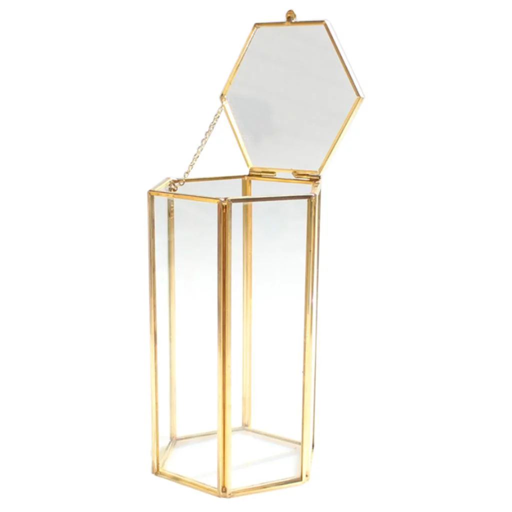 Hexagon Brass Glass Geometric Terrarium Succulent Planter Flower pot boxeses Tealight Candy Jewelry Holder Wedding Favor 9.5 x 9.5 x 16 cm