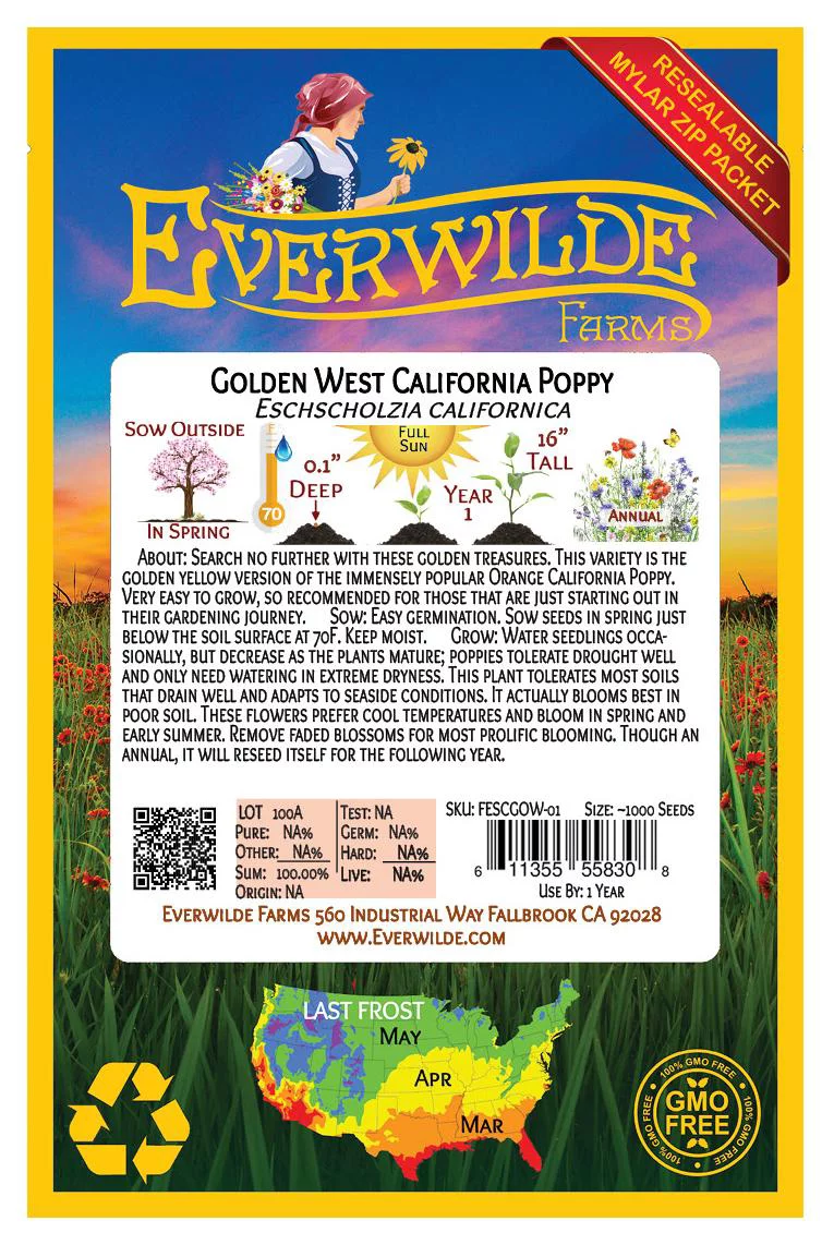 Everwilde Farms - 1000 Golden West California Poppy Garden Flower Seeds - Gold Vault Jumbo Bulk Seed Packet