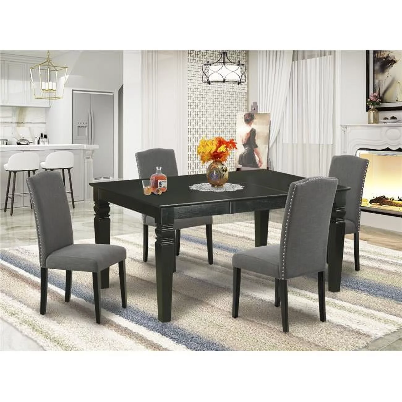 East West Furniture  42-60 in. Weston Rectangle Kitchen Table with 18 in. Self Storing Butterfly Leaf & Four Parson Chair with Black Leg & Linen Fabric - Dark Gotham Gray, 5 Piece