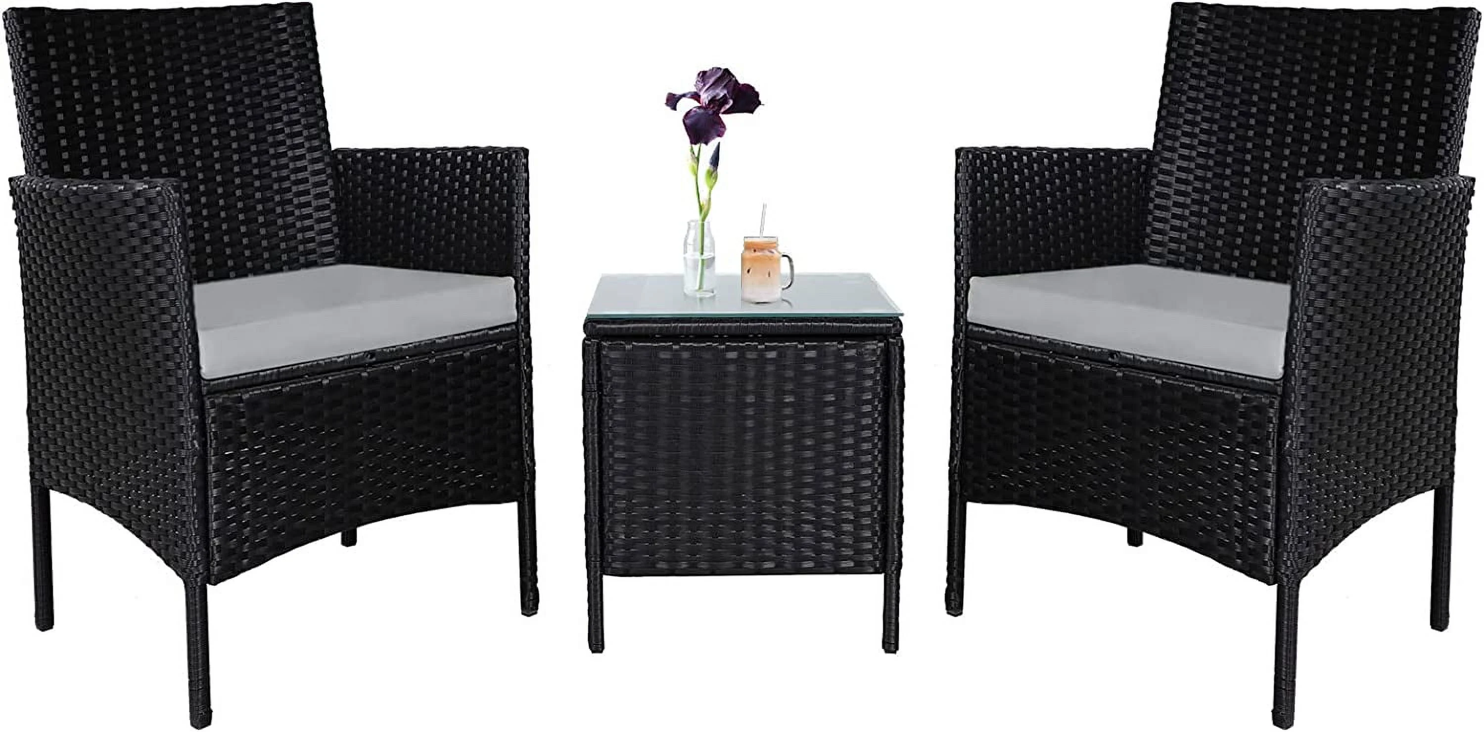 FDIGLUL 3 Piece Patio Chairs for Outdoor  Black Wicker Chair  Small Patio and Front Porch    with Glass Top Coffee  Patio  (Brown Thickened Cushion)