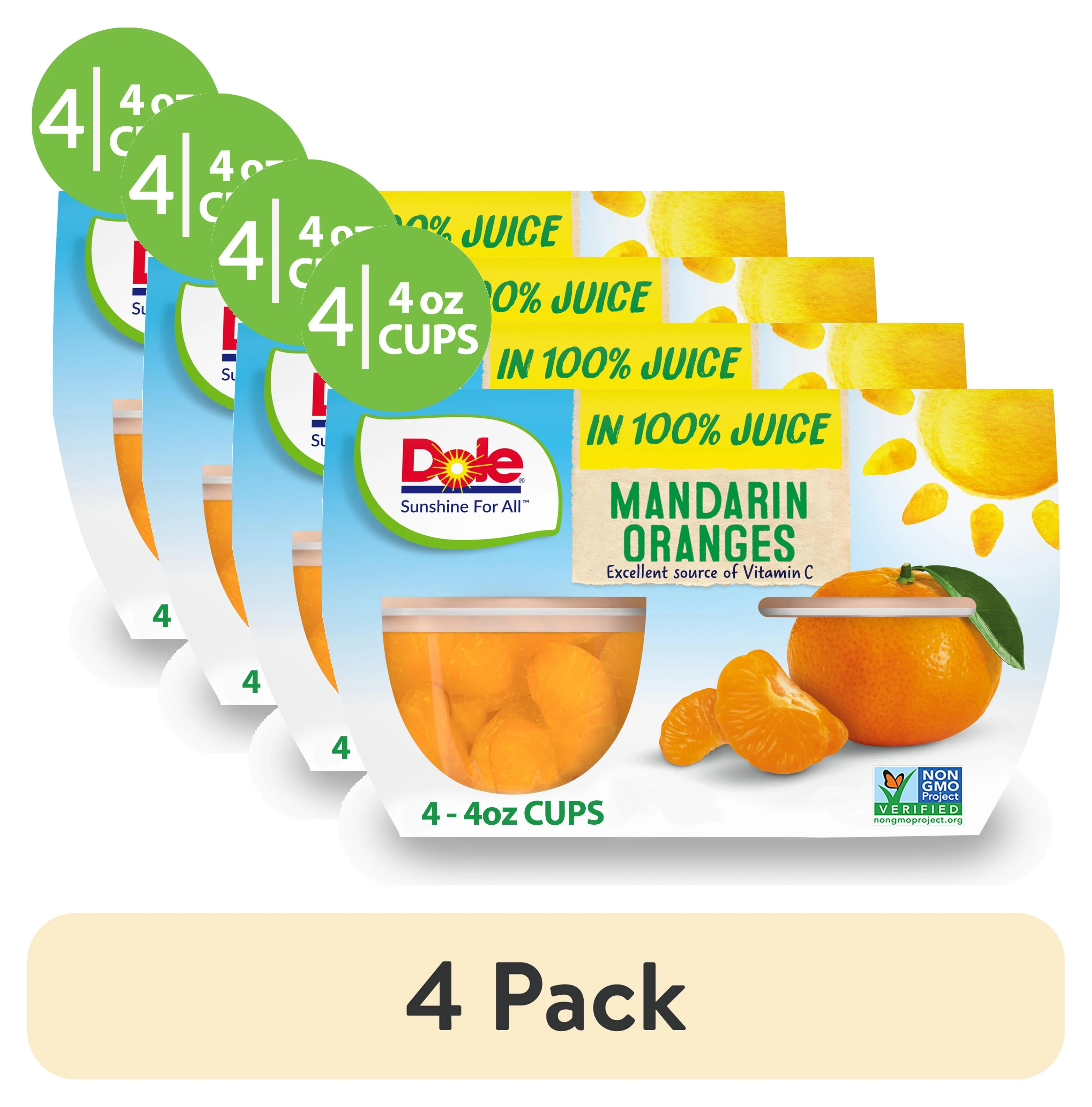 (4 pack) Dole Fruit Bowls Mandarin Oranges in 100% Fruit Juice, 4 oz (4 Cups)