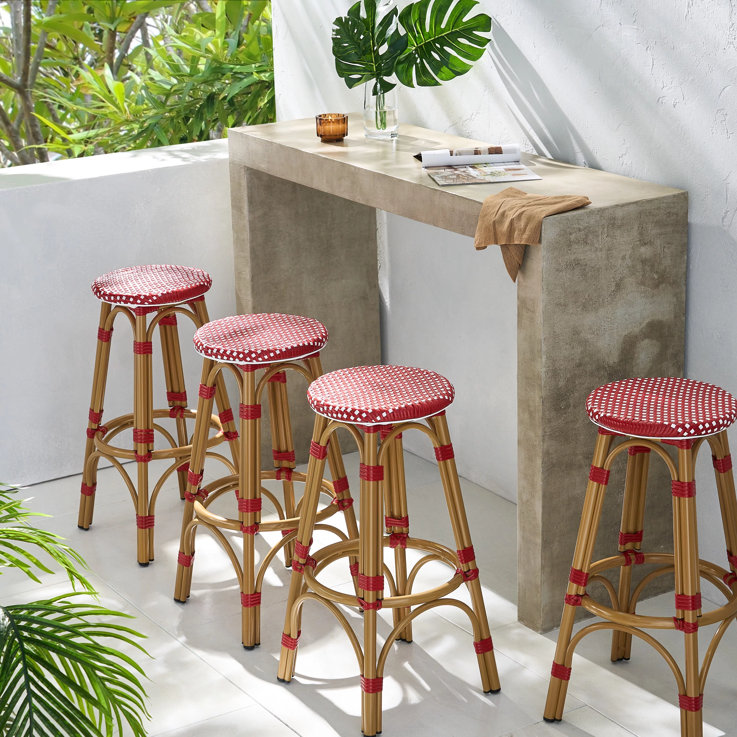 Dohney Outdoor French Aluminum 29.5 Inch Barstools, Set of 4, Red, White, and Bamboo Finish