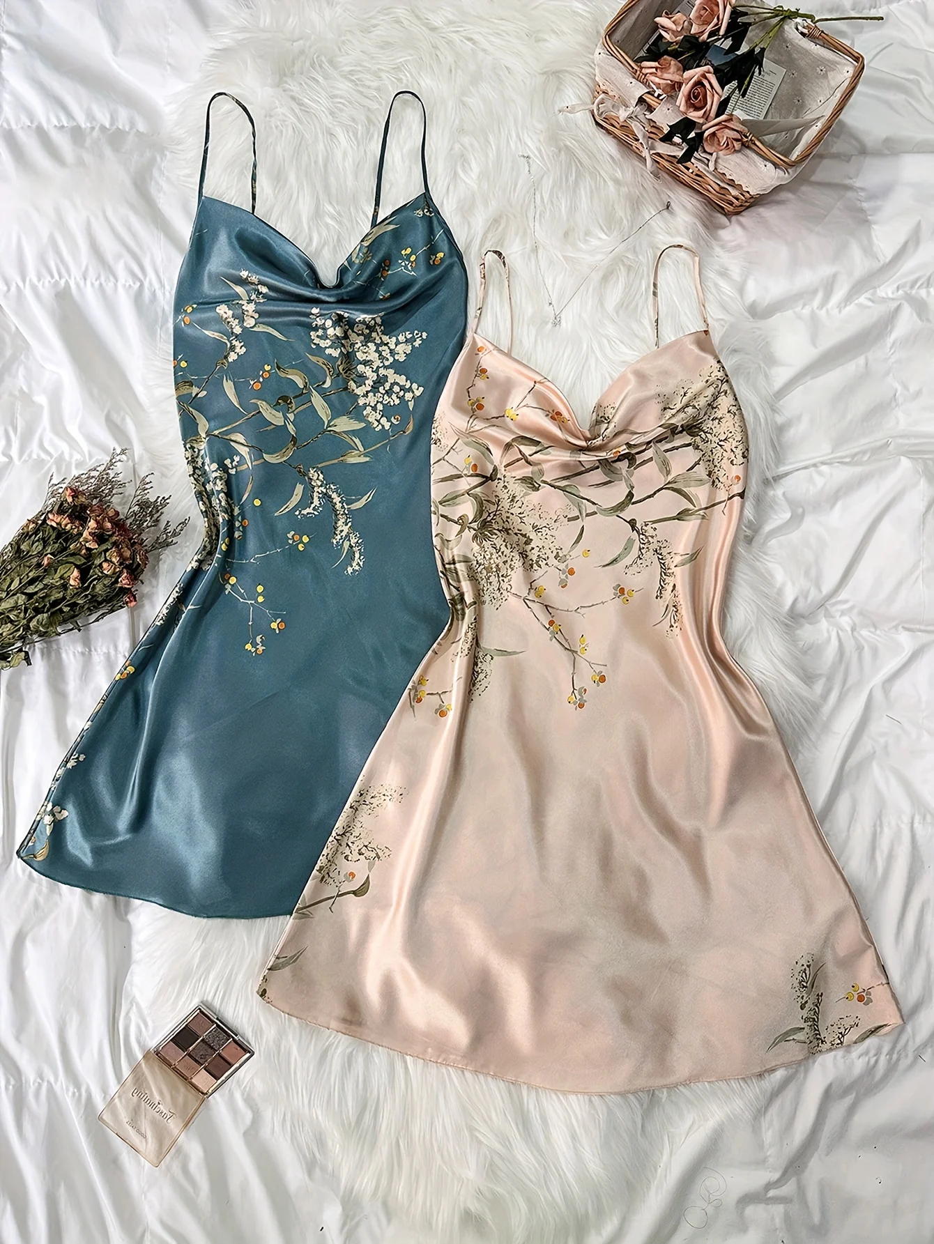 Jkzcp  2-piece Set  Women‘s Satin Cherry Print Slip Nightgown  Fashionable & Sexy  Spaghetti Strap Sleep Dress  Seasonal Loungewear