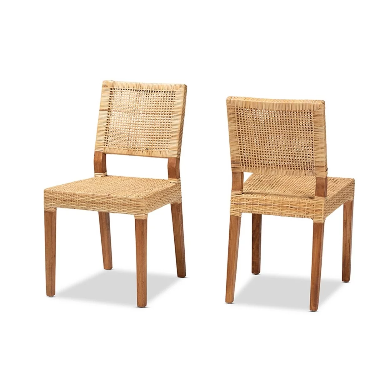 Baxton Studio Lesia Modern Bohemian Natural Brown Rattan and Walnut Brown Finished Wood 2-Piece Dining Chair Set
