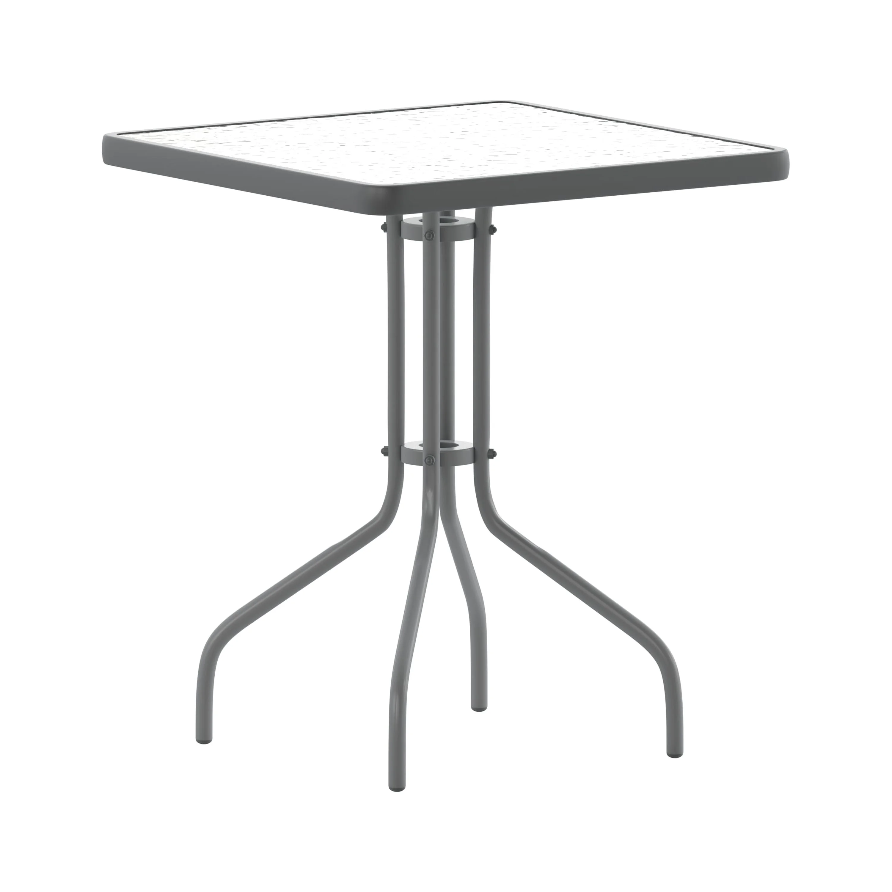 Emma + Oliver 23.5'' Square Glass Top Metal Table with 2 Silver Aluminum Slat Stack Chairs