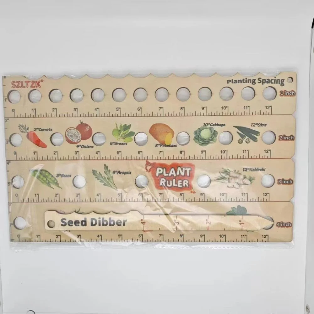 Wooden Plant Ruler with Seed Dibber. Multifunction Seed Spacing Ruler with Plant