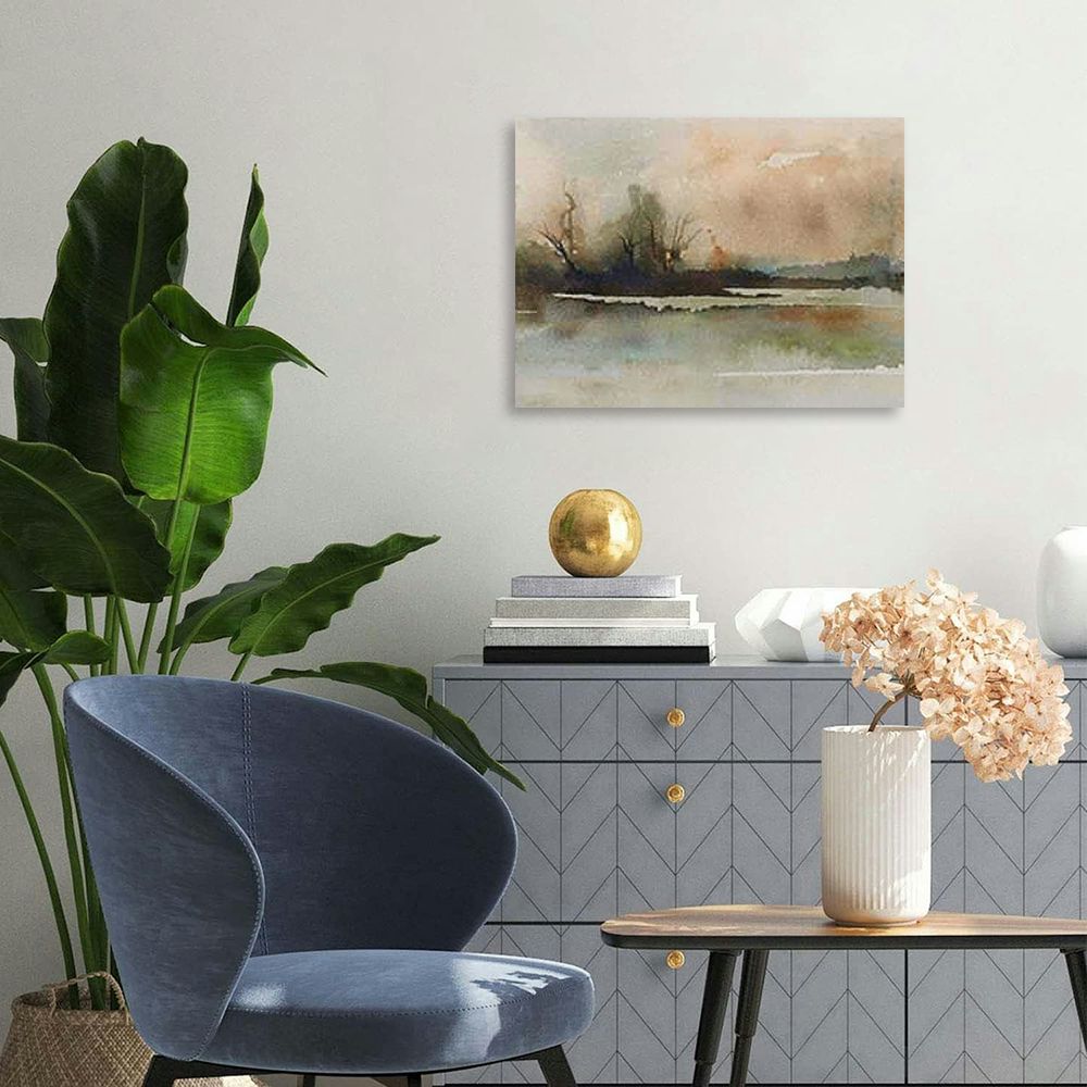 Nawypu  Framed Canvas Print Wall Art Brown and Green Watercolor Landscape Abstract Shapes Illustrations Modern Chic Relax/Calm for Living Room, Bedroom, Office Natural