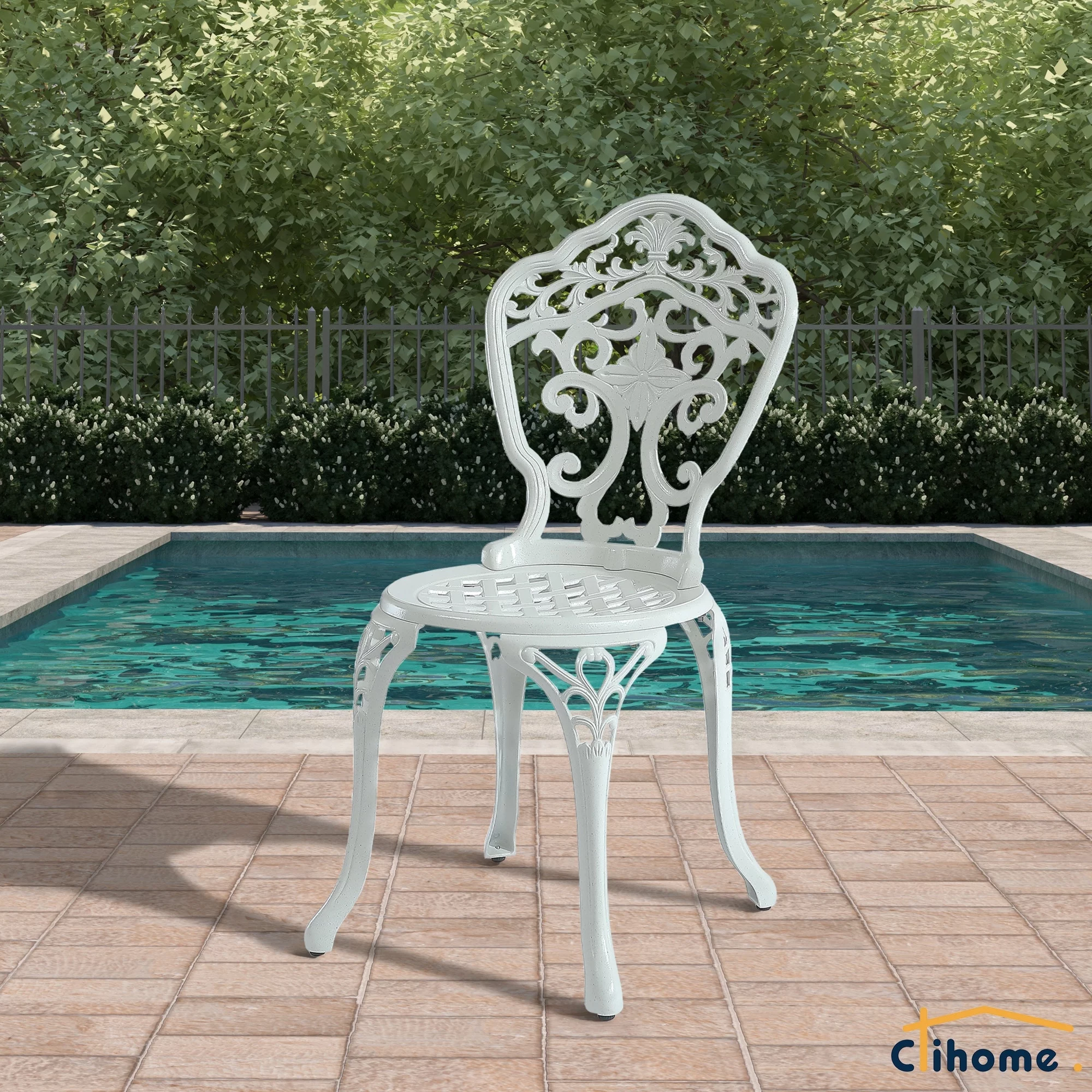 Clihome  Patio Cast Aluminum Bistro Chair with Flower Design (Set of 2) White