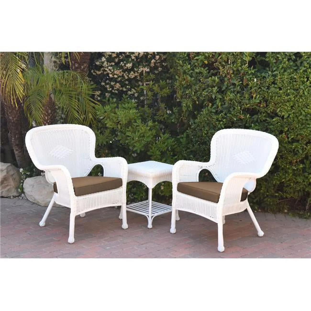 Jeco W00213-2-CES007 Windsor White Wicker Chair & End Table Set with Brown Cushion