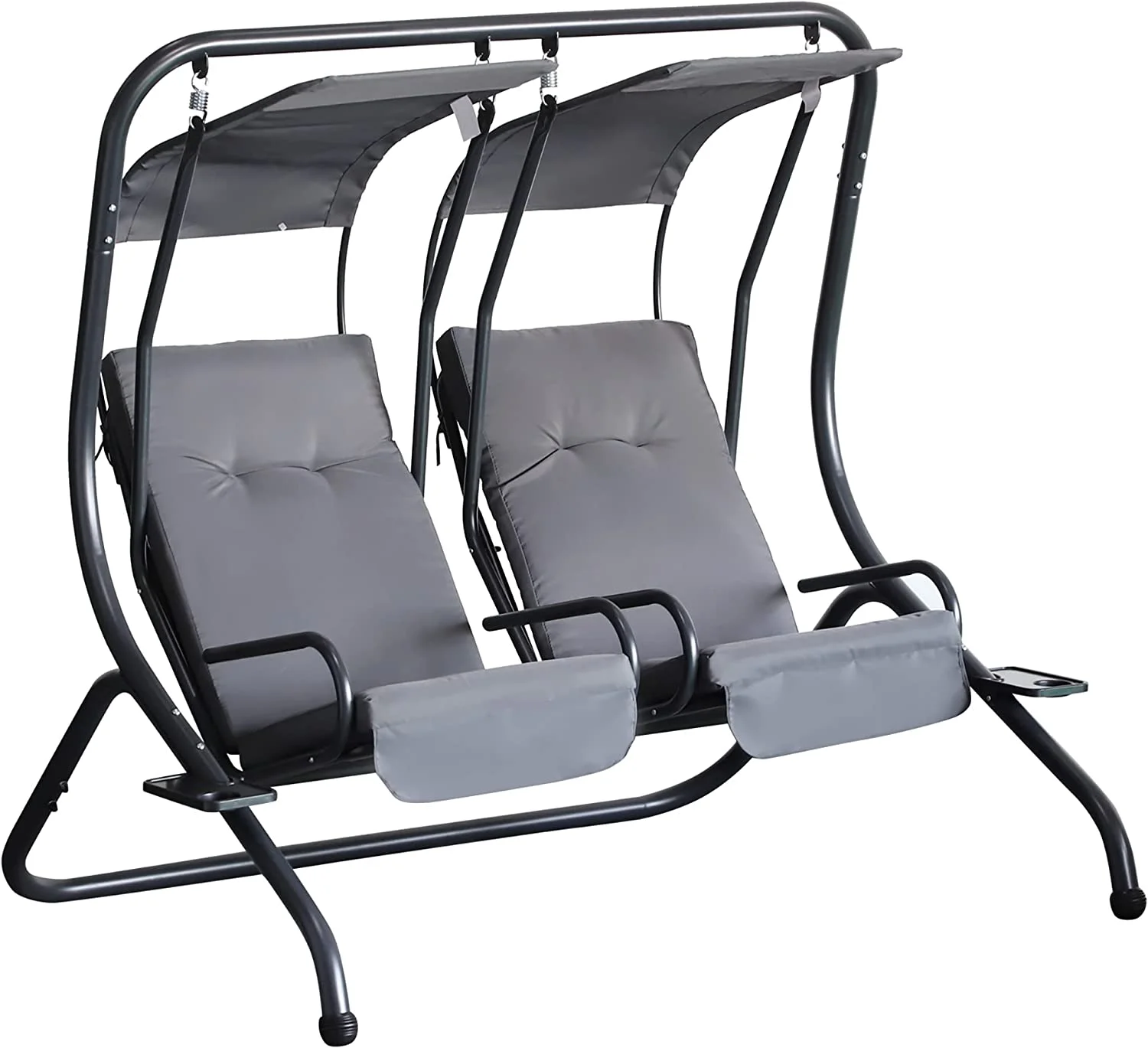 Patio Swing Chair with 2 Separate Seats, Outdoor Swing Glider with Removable Canopy and Cup Holders, for Porch, Garden, Poolside, Backyard, Gray