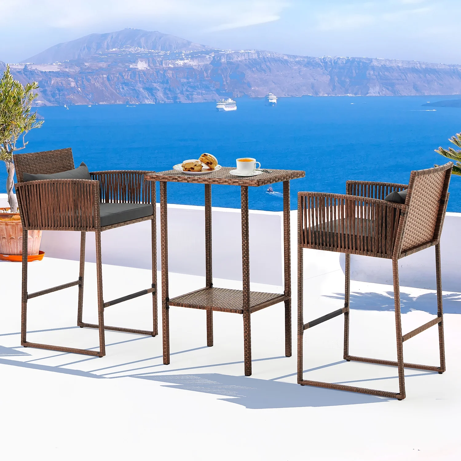 AVAWING 3PCS Patio Wicker Bistro Bar Set w/ Extra Cushion Covers, 2 People, Dark Gray/Turquoise