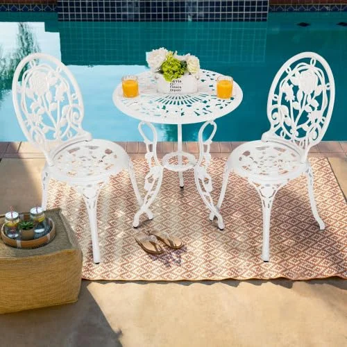 3- Piece Bistro Table Set, Rust-Resistant Cast Aluminum with Umbrella Hole, Rose Carving and Antique Bronze Table and Chairs for Backyard Garden (White)