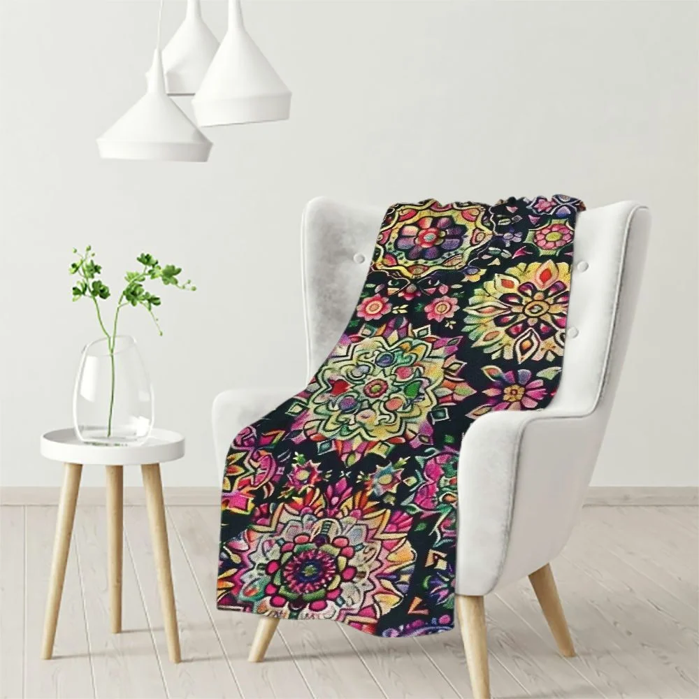 Ullo0ord Colorful Indian Mandala Personalized Throw Blanket, Hand Drawn Flower Mandala Soft Throw Blanket Fit for Sofa Chair Bed Office Traveling Camping