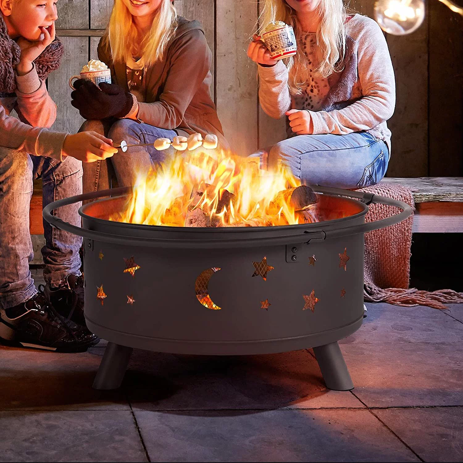 30in Fire Pit Moons and Sky Stars Outdoor Fire Pit Fireplace Large Bonfire Wood Burning Firepit Bowl for Patio & Backyard with Spark Screen