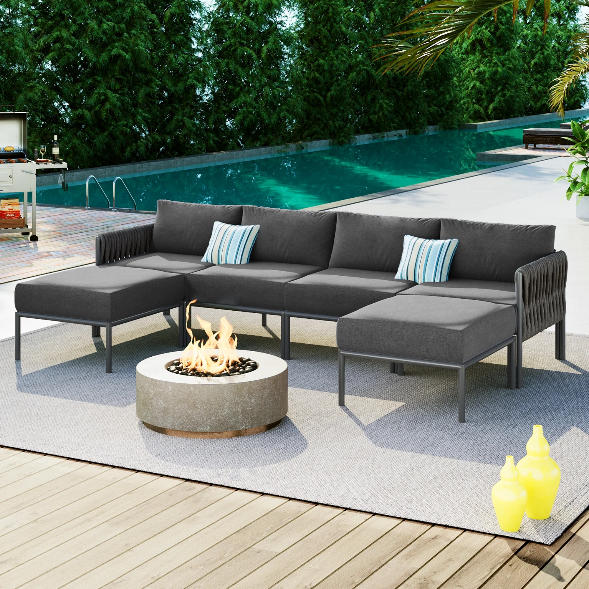 EUROCO Modern 6-Pieces Aluminum Patio Sectional Sofa Set, Metal Outdoor Conversation Set With Removable 5.9