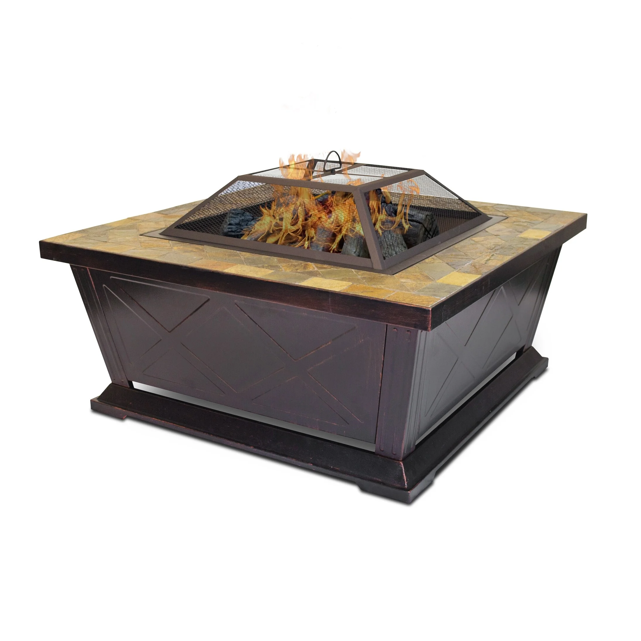 Outdoor Leisure Products 36 inch Square Steel Firepit with Decorative Slate Hearth and Oil Rubbed Bronze Finish