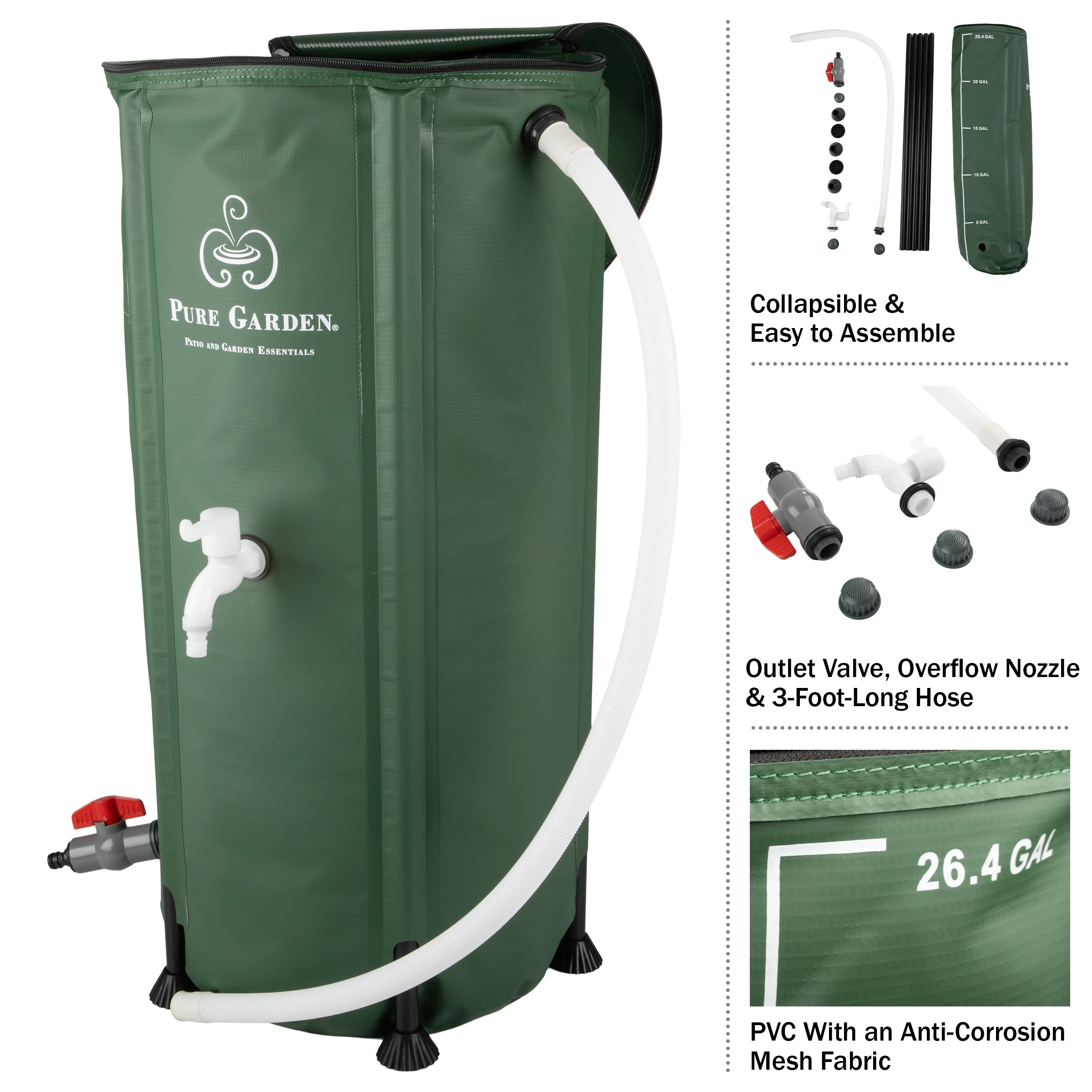 Pure Garden 26.4-Gallon/100-Liter Collapsible PVC Rain Barrel with Water Spigot, Green