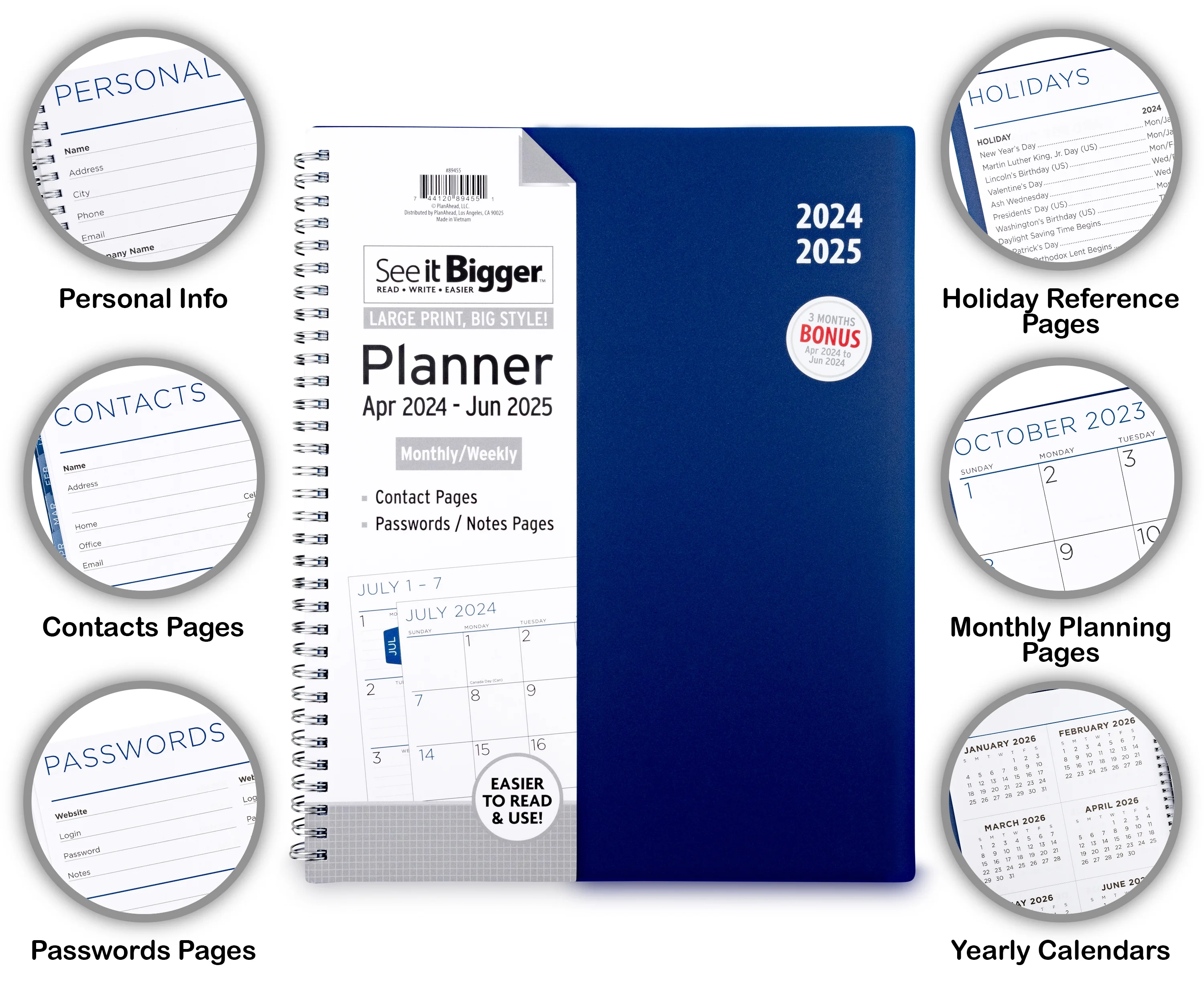 See it Bigger April 2024 - June 2025 Monthly Weekly Dated Planner (9.25”x 11.25”)