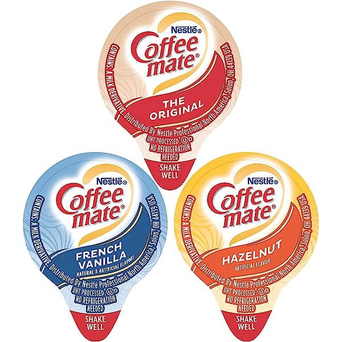 Coffee mate Liquid Creamer Singles Variety Pack, Individual Creamers Singles, Original, French Vanilla, Hazelnut, 3 Flavors x 60 ct, 180/Box and Best Bonus 4u Sugar Packets