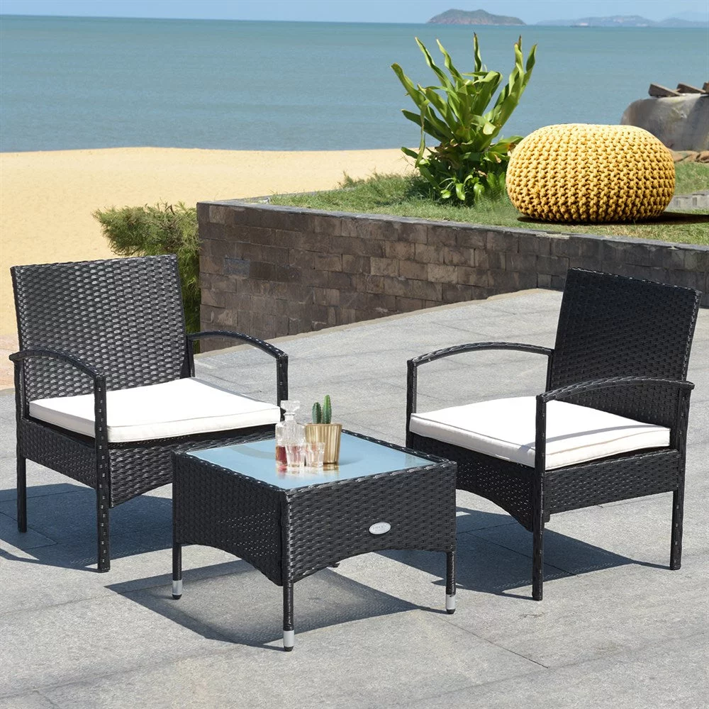3 PCS Furniture Set Table & 2 Chair Patio Wicker Rattan W/Cushion