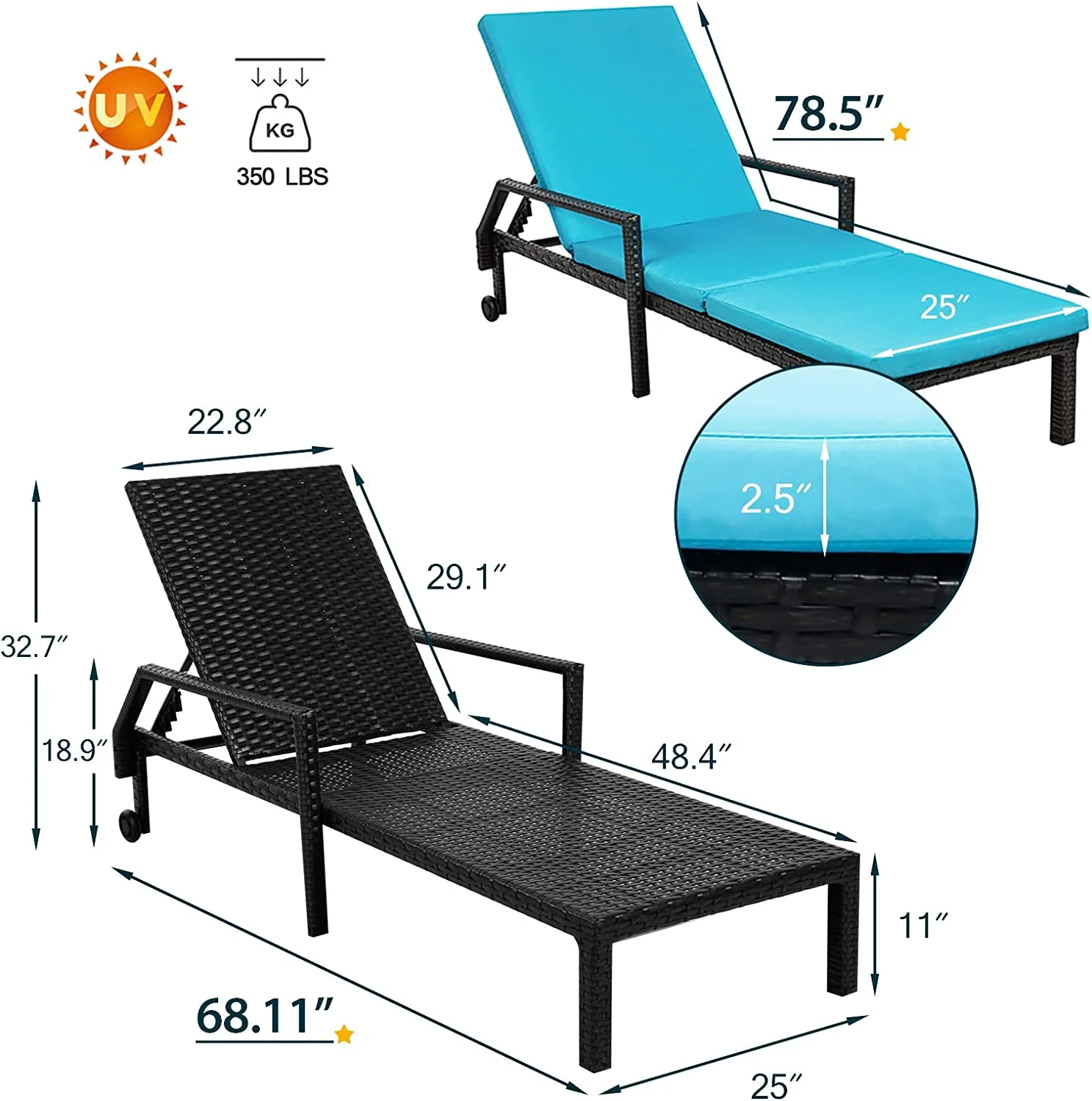 HBLUKDL Chaise Lounge Chairs for Outside Outdoor Lounge Chairs   Adjustable PE Rattan Wicker Patio Pool Lounge Chair with Cushion and Wheels for Poolside Backyard Deck Porch Garden  Blue