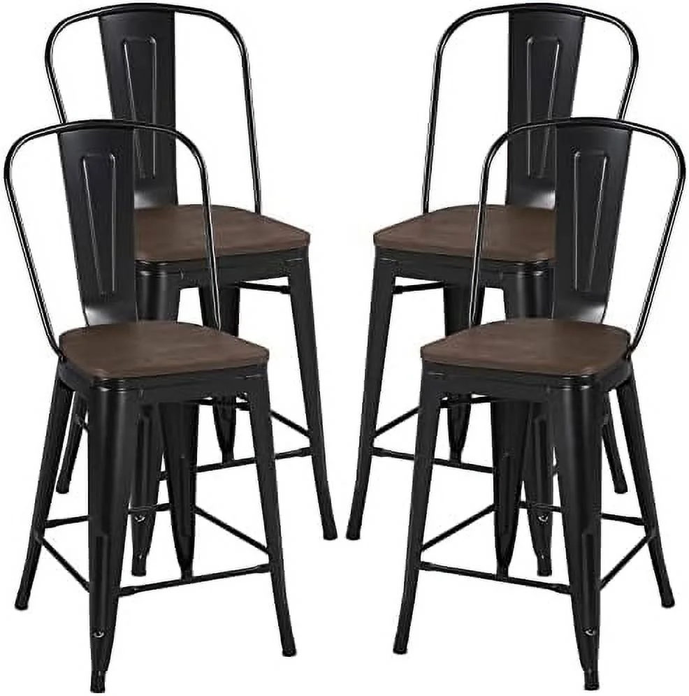 HYHBIBOOM 24Inch Seat Height Style Dining Stools Chairs with Wood Seat/Top and High Backrest  Industrial Metal Counter Height Stool  Modern Kitchen Dining  Chairs Rustic  Black  Set of 4