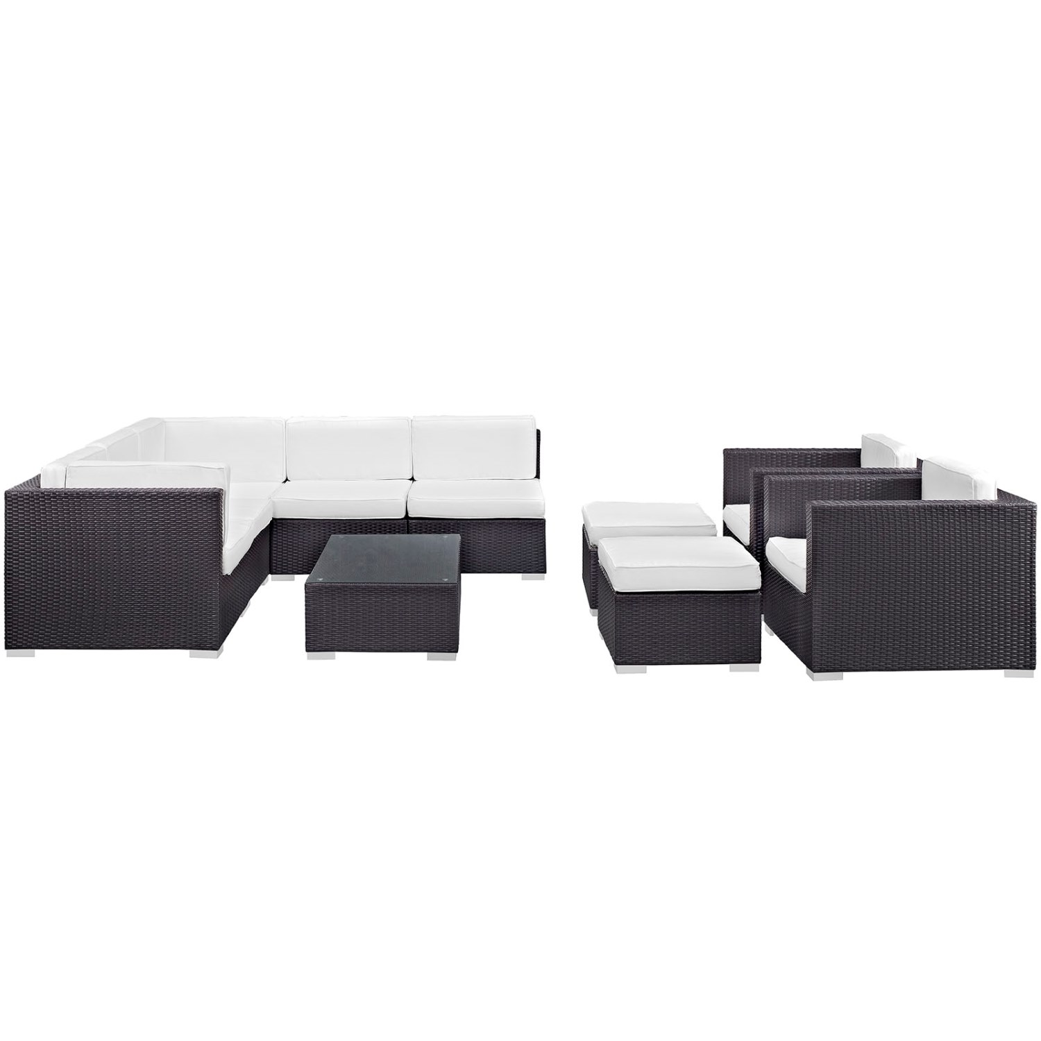 Lounge Sectional Sofa Table Set, White, Rattan, Wicker, Outdoor Patio Balcony Cafe Bistro Garden Hospitality Restaurant, Modern Contemporary HB34955