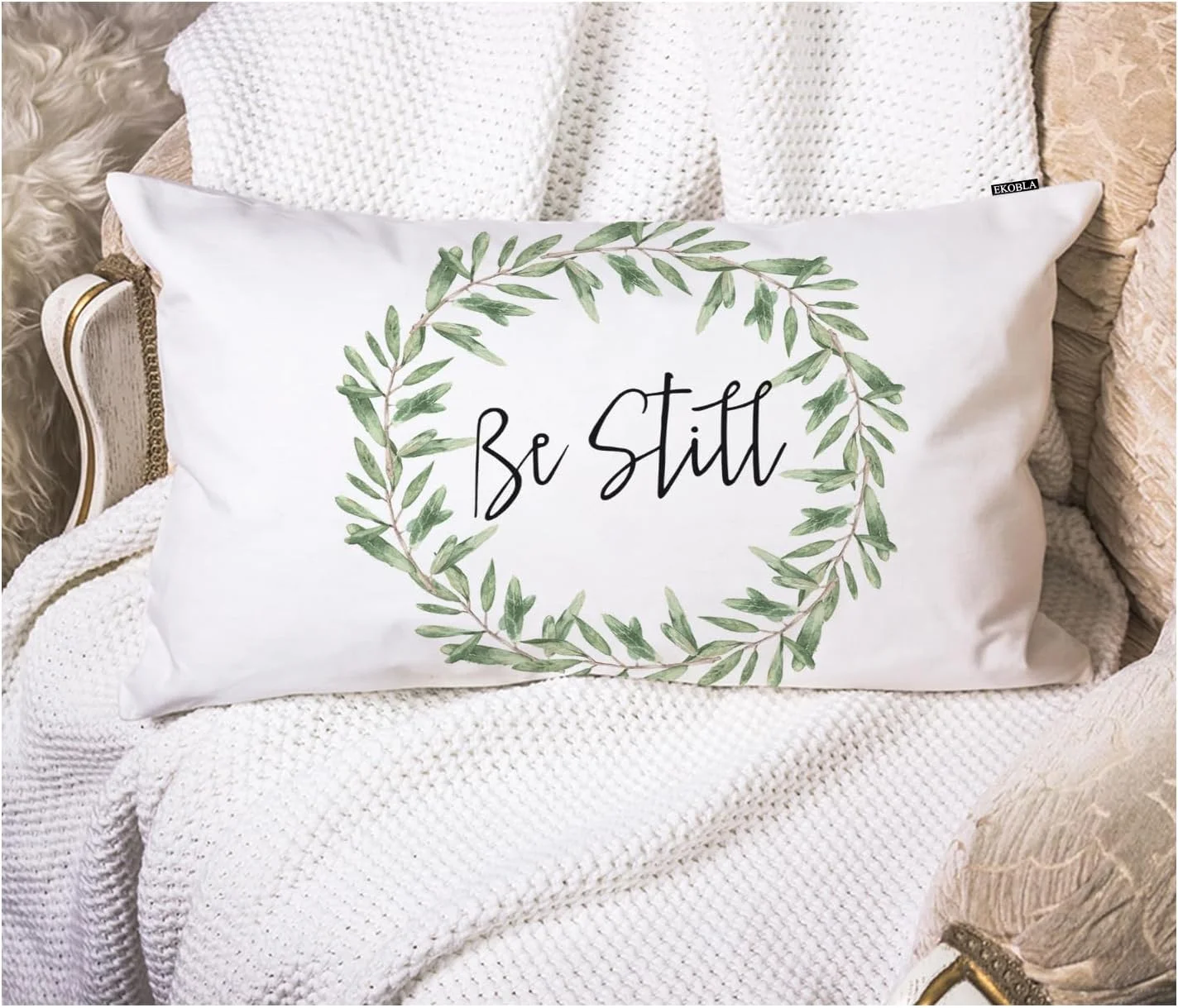 Rustic Be Still Rectangle Throw Pillow Case Green Olive Wreath Leaves Waist Lumber Cotton Linen Cushion Cover Oblong Rectangle Pillowcase for Men Women Home Decoration Bedroom 12x20 Inches